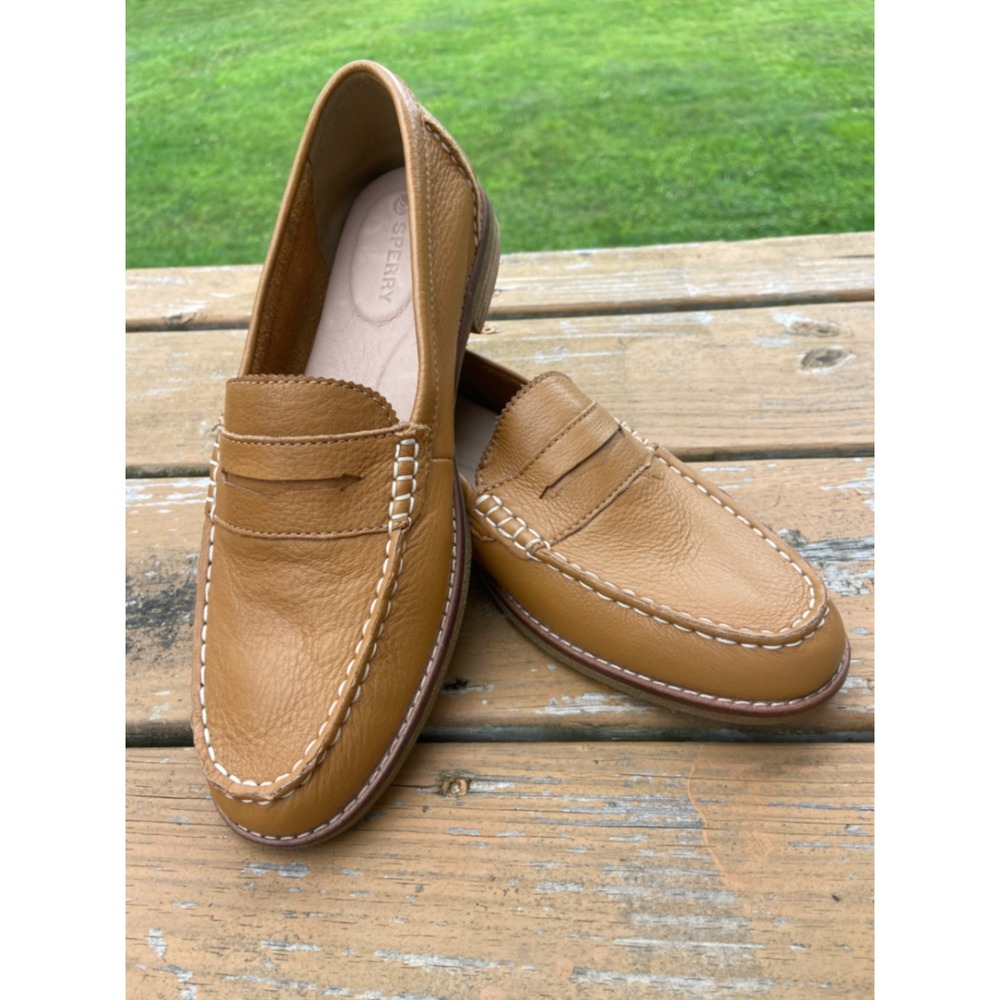 Sperry Seaport Penny Loafer Tan Leather Moc Toe Slip On Shoes Womens